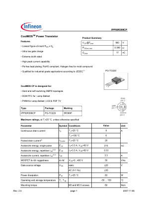 IPP50R399CP datasheet cover page