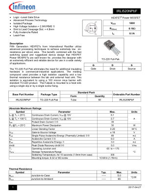 IRLI520N 数据手册首页