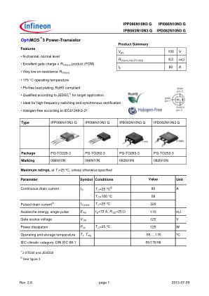 IPP086N10N3G 数据手册首页