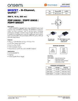 FDPF18N50T 数据手册首页