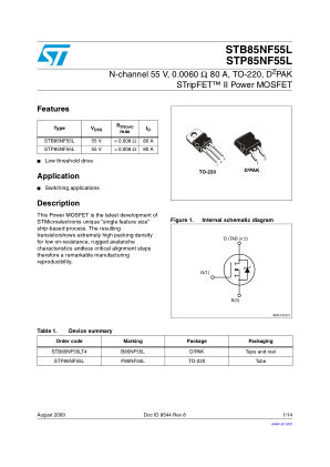 STB85NF55L 数据手册首页