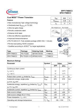 SPA17N80C3 数据手册首页