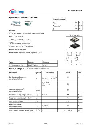 IPG20N06S4L-11A datasheet cover page
