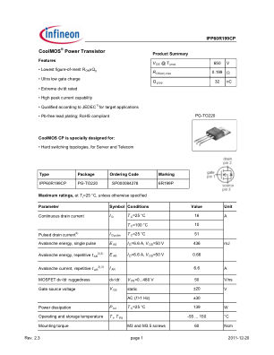 IPP60R199CP datasheet cover page