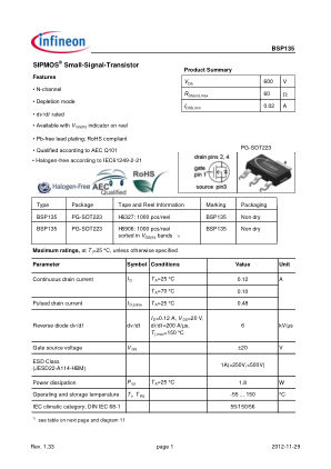 BSP135 datasheet cover page