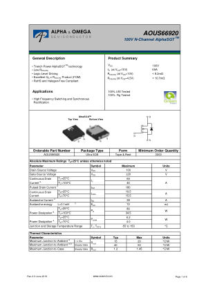 AOUS66920 datasheet cover page