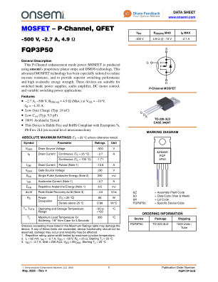FQP3P50 数据手册首页