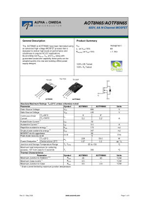 AOTF8N65 datasheet cover page