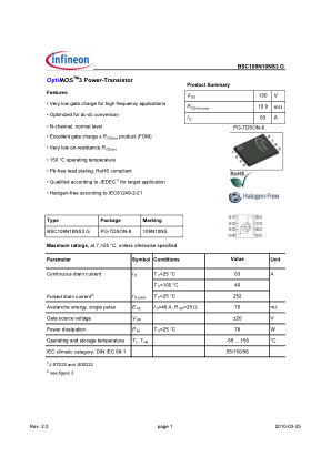BSC109N10NS3-G 数据手册首页