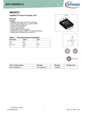 BSZ123N08NS3-G datasheet cover page
