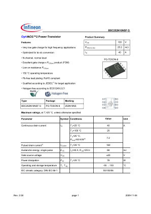 BSC252N10NSF-G 数据手册首页
