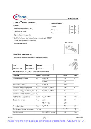 IPW60R075CP datasheet cover page