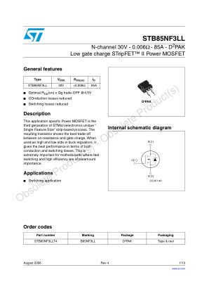 STB85NF3LL 数据手册首页