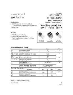 IRF3704ZS datasheet cover page