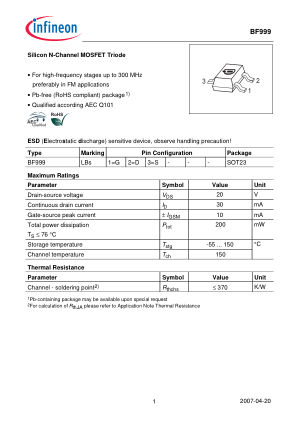 BF999 datasheet cover page
