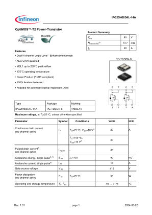 IPG20N06S4L-14A datasheet cover page