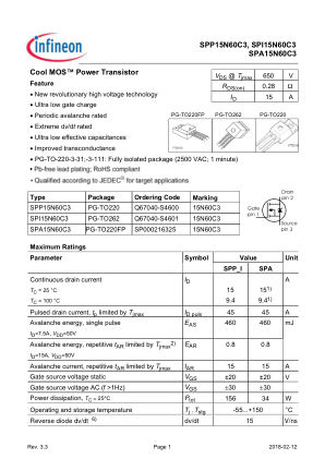 SPP15N60C3 datasheet cover page