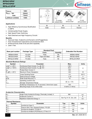 IRFS4310PBF 数据手册首页
