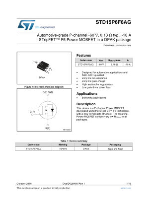 STD15P6F6AG 数据手册首页