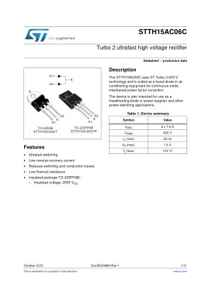 STTH15AC06C datasheet cover page
