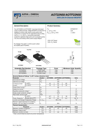 AOTF22N50 datasheet cover page