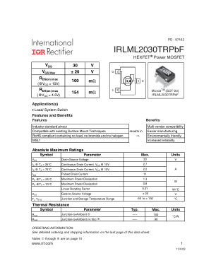 IRLML2030 datasheet cover page
