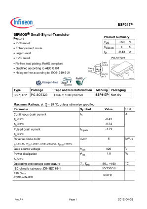 BSP317P 数据手册首页
