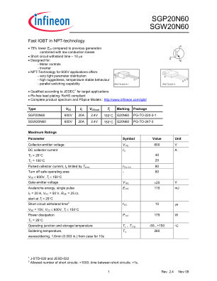 SGW20N60 数据手册首页