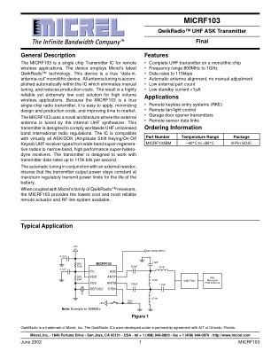 MICRF103YM 数据手册首页