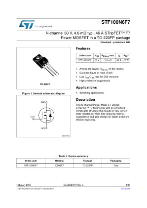 STF100N6F7 数据手册首页