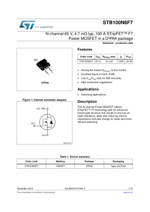 STB100N6F7 datasheet cover page