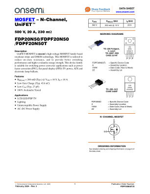 FDPF20N50T datasheet cover page