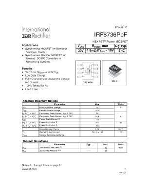 IRF8736 数据手册首页