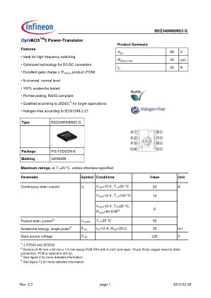 BSZ340N08NS3-G datasheet cover page