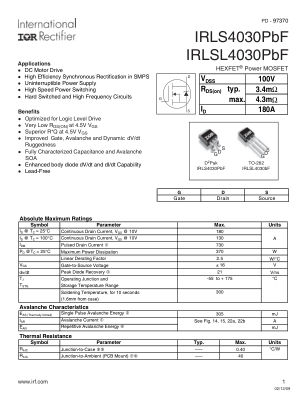 IRLS4030 数据手册首页