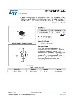 STD60NF55LAT4 datasheet cover page