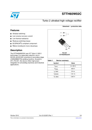 STTH60W02C 数据手册首页
