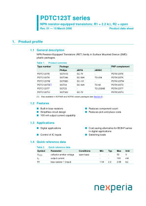 PDTC123TU 数据手册首页