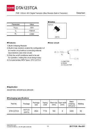 DTA123TCA 数据手册首页