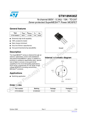 STW18NK80Z datasheet cover page