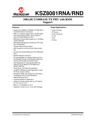 KSZ8081RNACA-TR 数据手册首页
