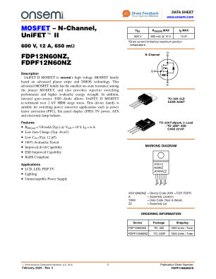 FDPF12N60NZ datasheet cover page