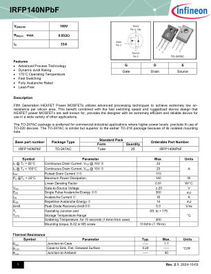 IRFP140N 数据手册首页