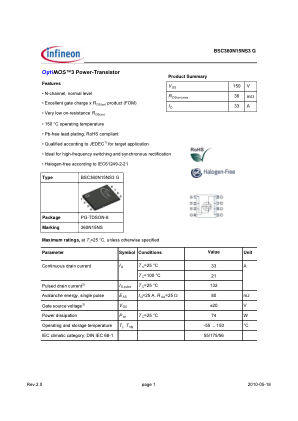 BSC360N15NS3-G 数据手册首页