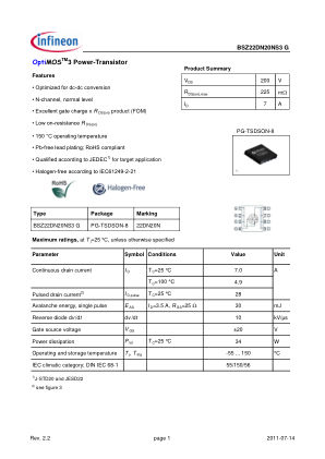 BSZ22DN20NS3-G 数据手册首页