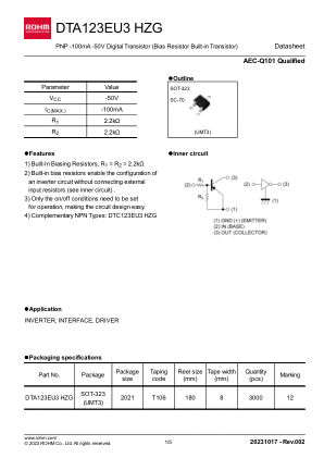 DTA123EU3HZG 数据手册首页