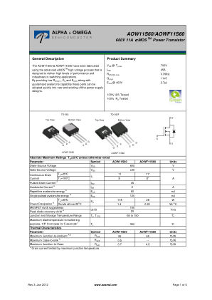 AOW11S60 datasheet cover page