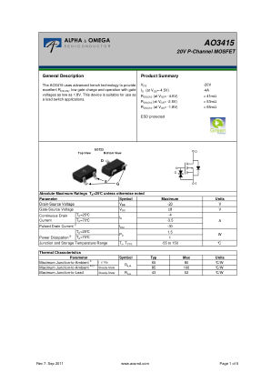 AO3415 datasheet cover page