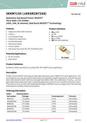 IRHM7150 datasheet cover page