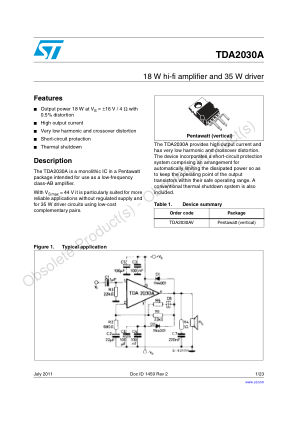 TDA2030A 数据手册首页